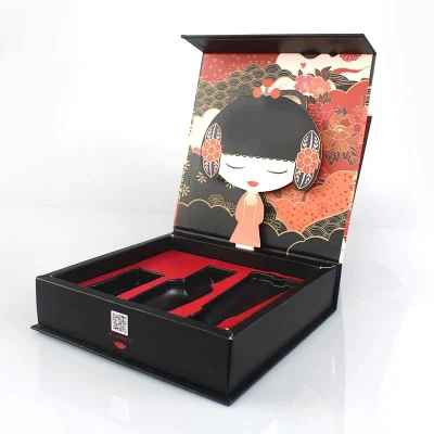 Caja de embalaje cosmética magnética con forma de libro japonés de cómic emergente de papel negro